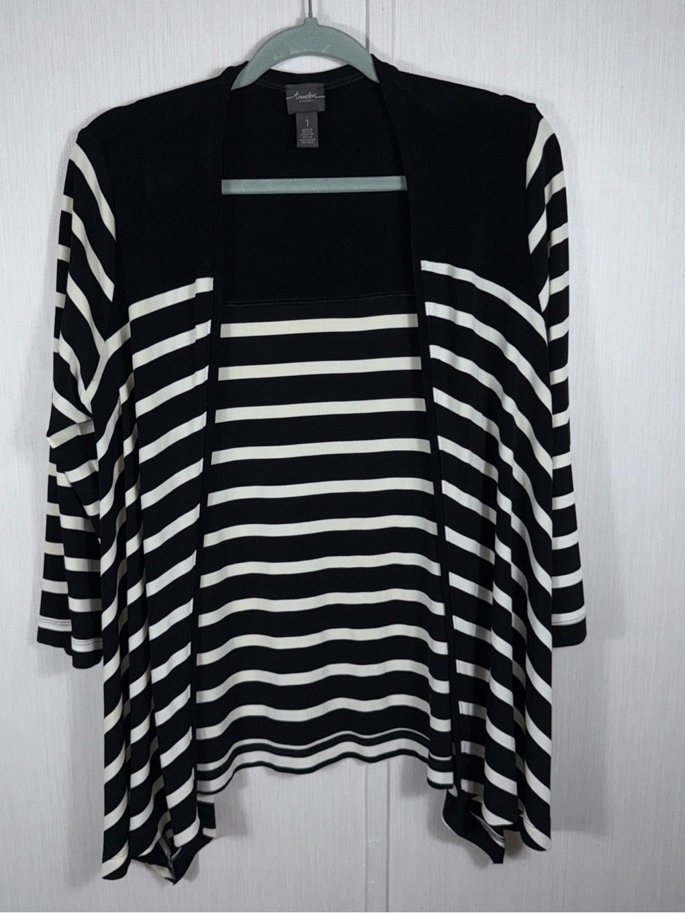 Chicos Travelers Womens 1 (M)  Black White Striped Oversize Open Front Cardigan